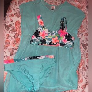 🌊 Wonder Nation 3-Piece Bathing Suit – Teen Size 10-12 (L) – Aqua Green Floral🌊